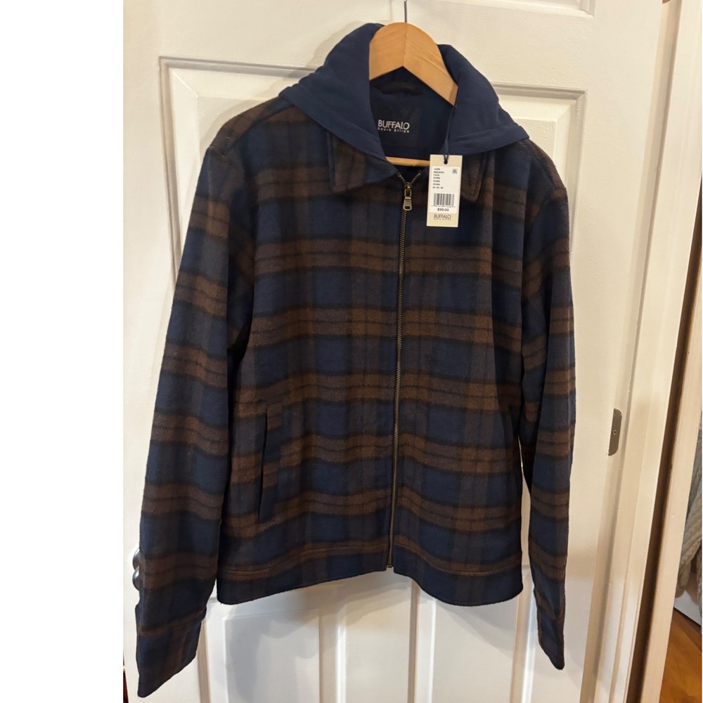 NWT Buffalo David Bitton Mens Jude Plaid Hooded Zip Up Jacket  Blue Brown  M